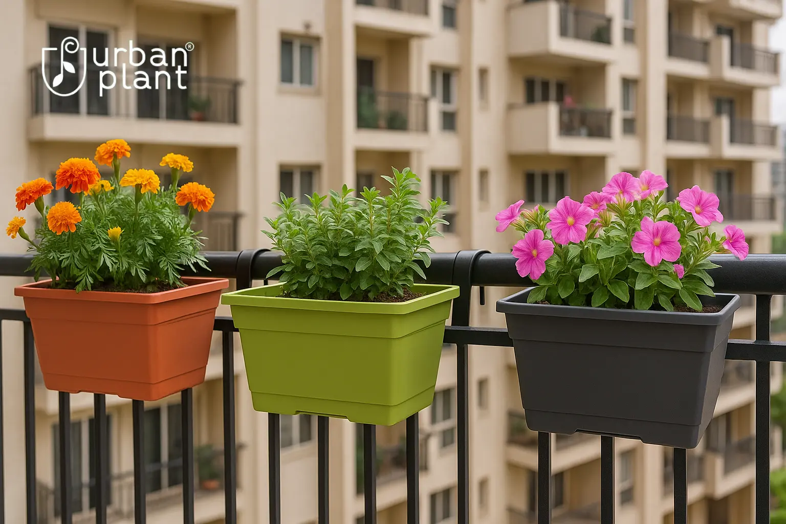 Factors to consider when buying balcony railing planters in India – colorful flowers and herbs in secure railing planters by Urban Plant